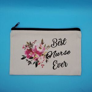 Best Nurse Ever Zipper Makeup Travel Supply Bag Oatmeal Pink Roses